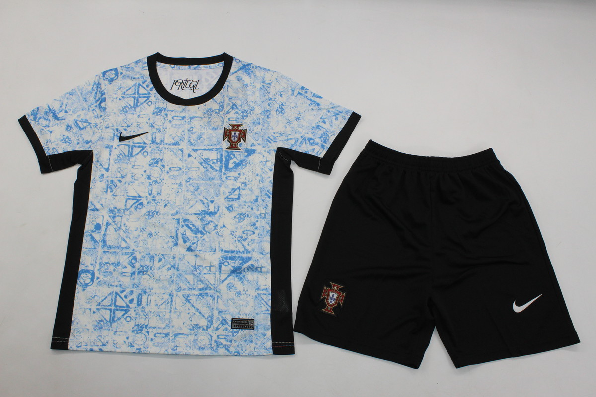 Kids-Portugal 2024 Euro Away White/Blue Soccer Jersey